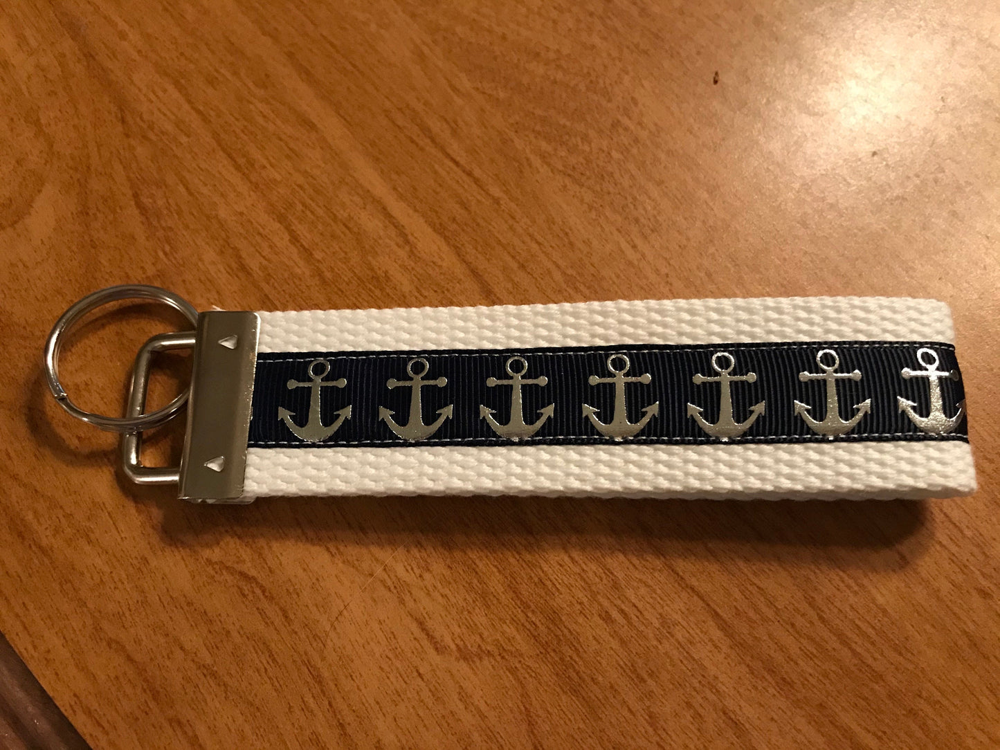 Blue and White Anchor Cotton Webbing Keychain/Keyfob/Wristlet