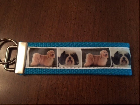 Blue and White Shih Tsu Cotton Webbing Keychain/ Keyfob/ Wristlet