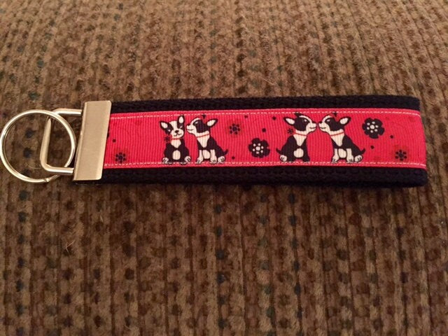 Boston Terrier Black and Red Cotton Webbing Keychain/ Wristlet/ Keyfob