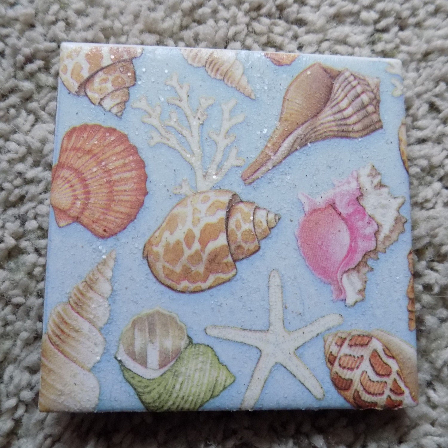 Light Blue Sea Shell Ceramic Tile Coasters (set of 4)