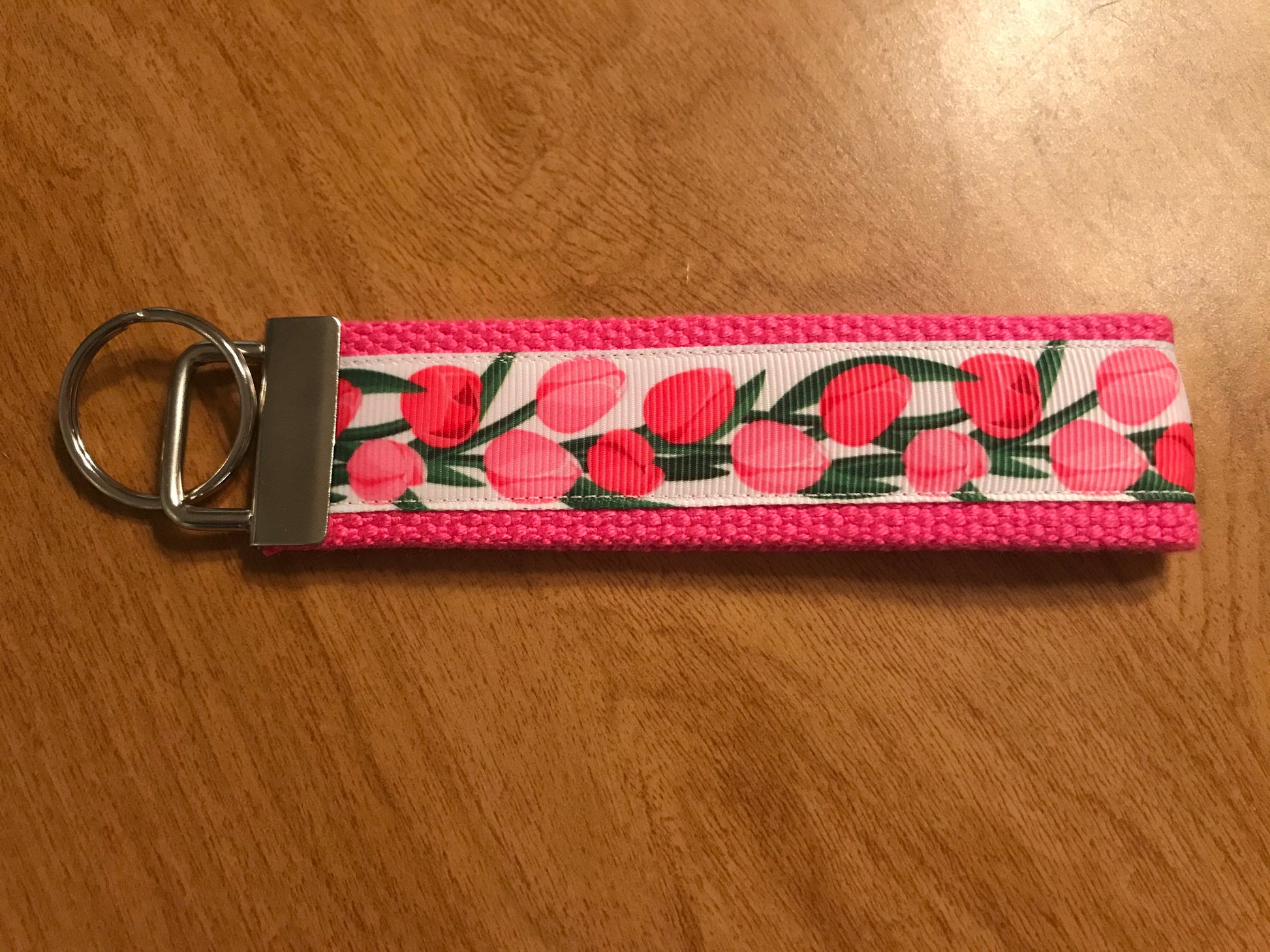 Pink & Red Tulips Cotton Webbing Keychain/Keyfob/Wristlet