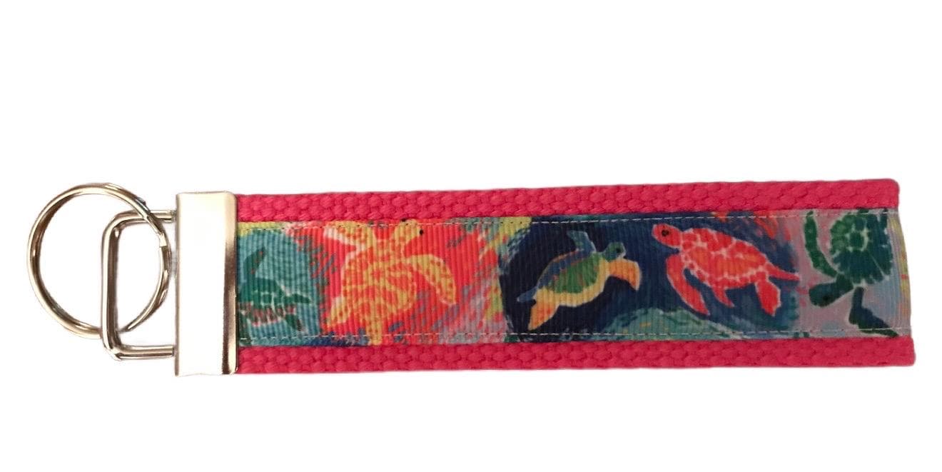 Pink Sea Turtle Cotton Webbing Keychain/Keyfob/Wristlet
