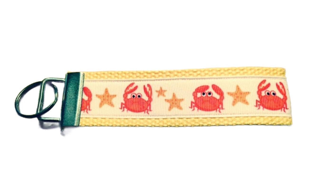 Red Crab and Starfish Yellow and White Cotton Webbing Keychain/ Key fob