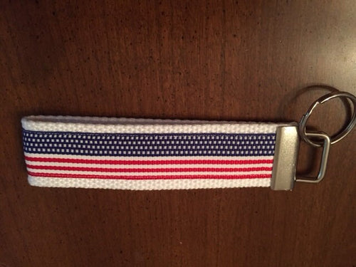 American Flag on White Cotton Webbing Keychain/ Keyfob/ Wristlet