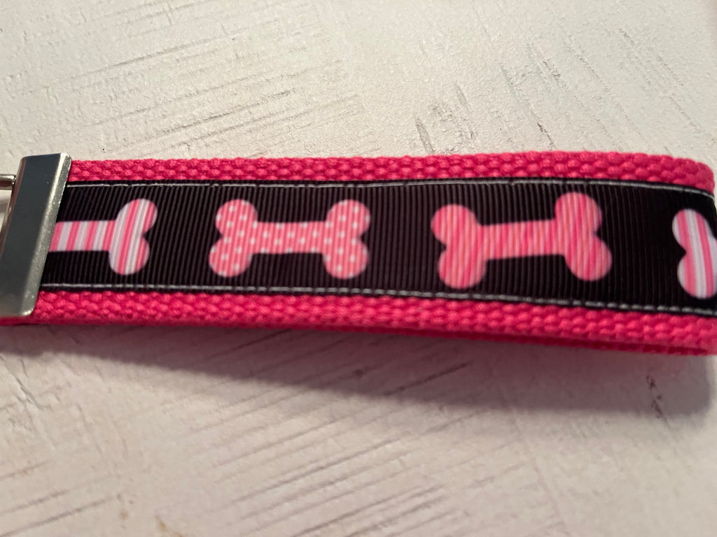 Pink and Black Dog Bones Cotton Webbing Keychain/ Keyfob/ Wristlet