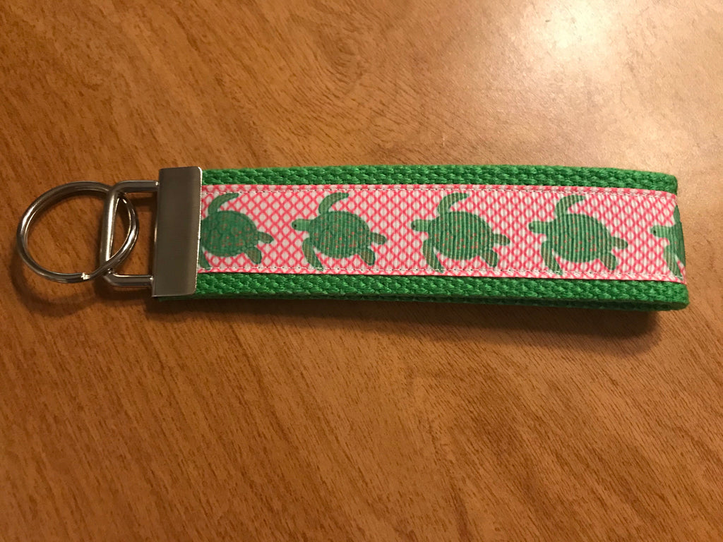 Pink and Green Save the Turtles Cotton Webbing Keychain/Keyfob/Wristlet