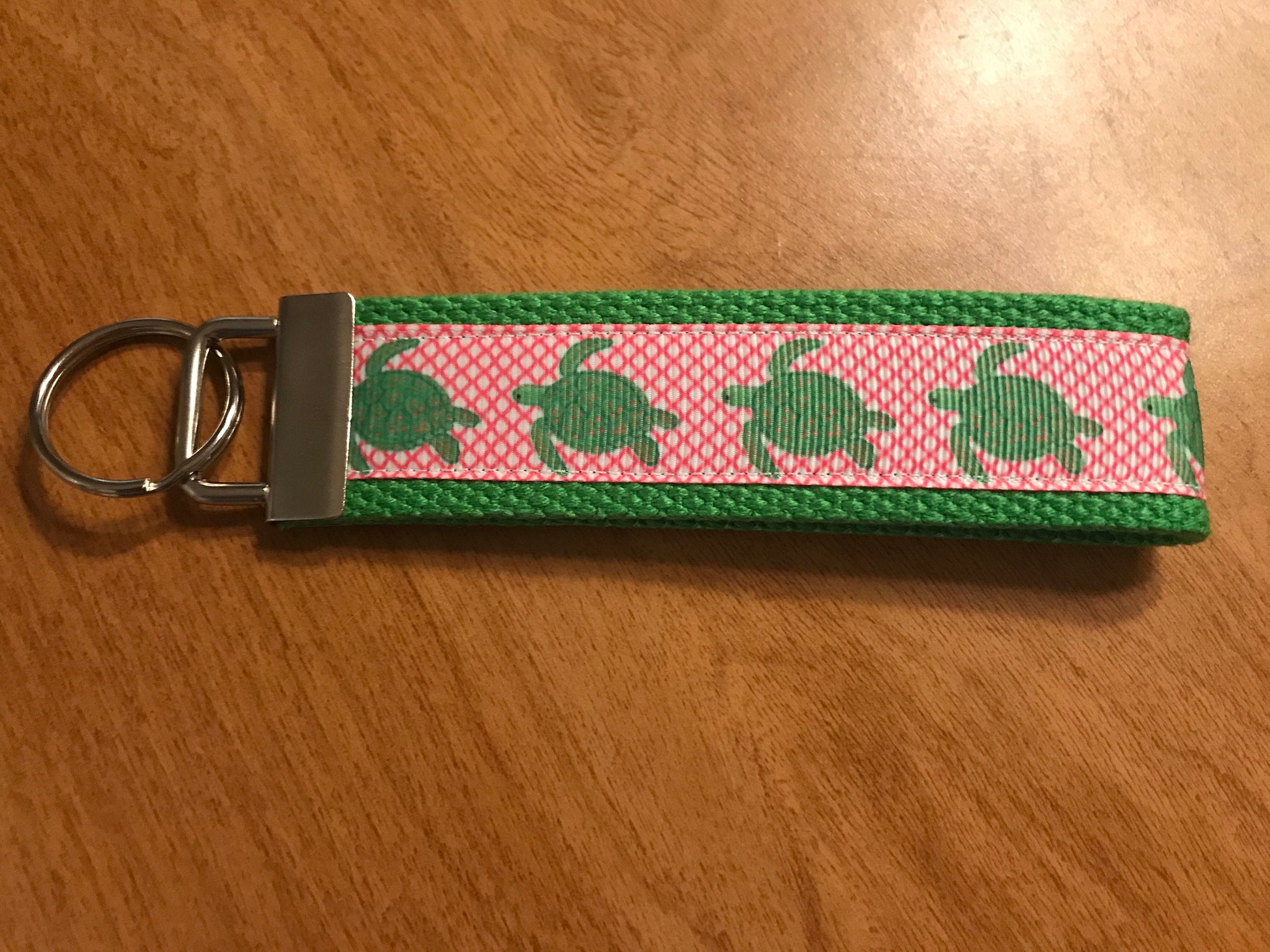 Pink and Green Save the Turtles Cotton Webbing Keychain/Keyfob/Wristlet
