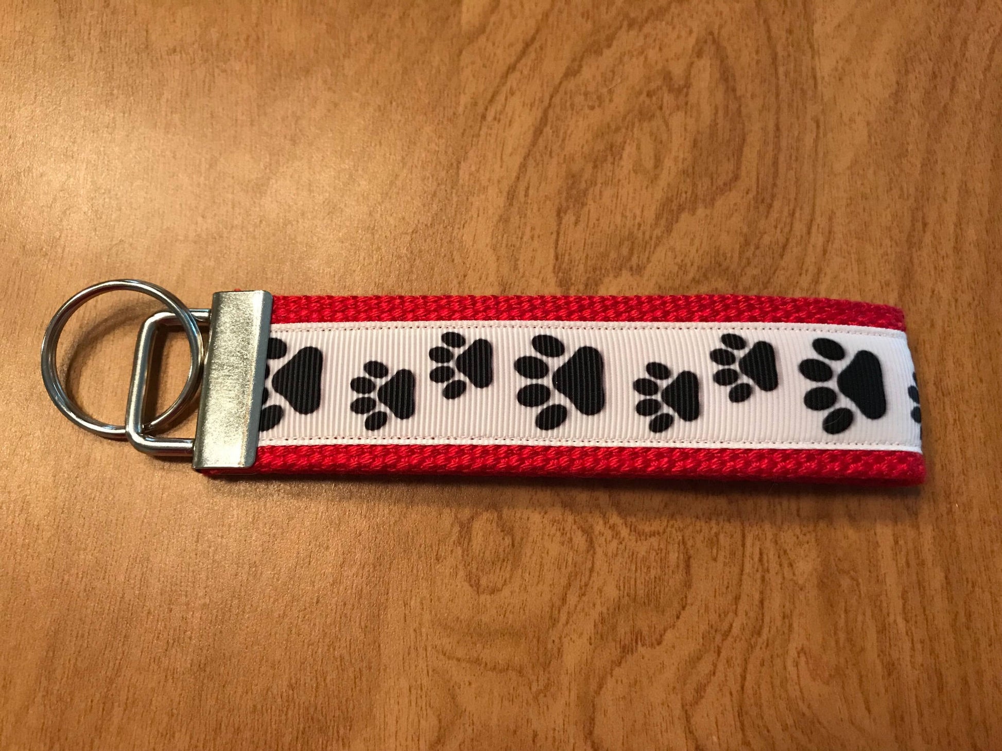 Red, White and Black Paw Print Cotton Webbing Keychain/ Keyfob/ Wristlet