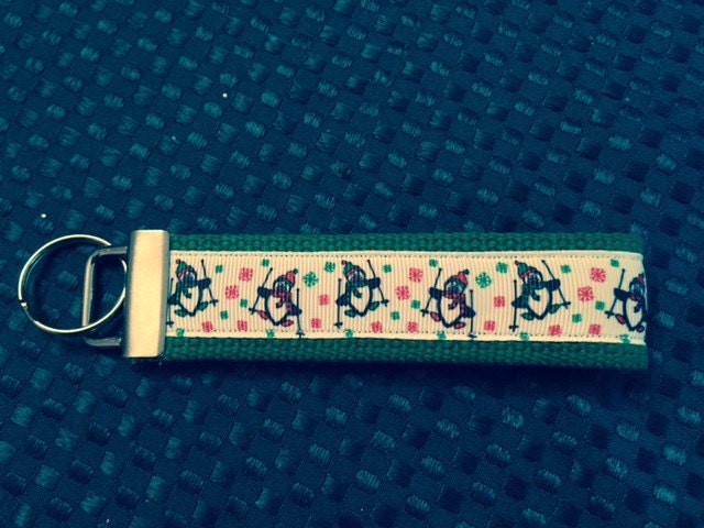 Green and White Winter Wonderland Penguins Cotton Webbing Keychain/ Keyfob/ Wristlet