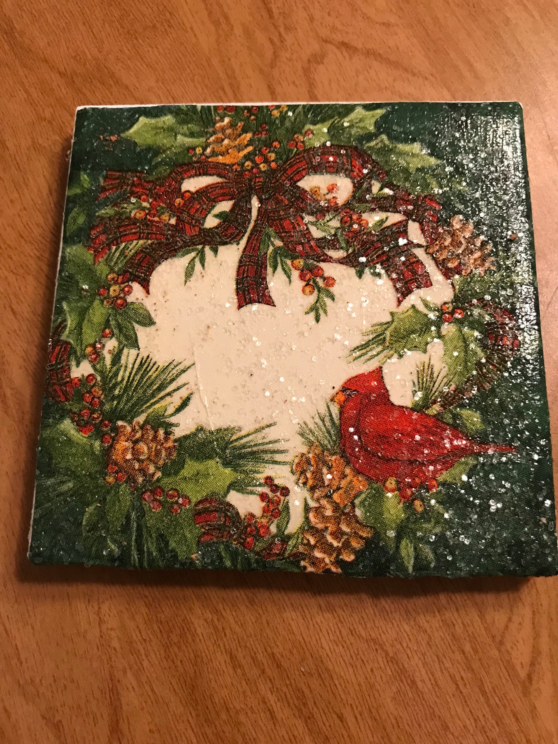 Holiday Wreath with Cardinal Ceramic Tile Coaster