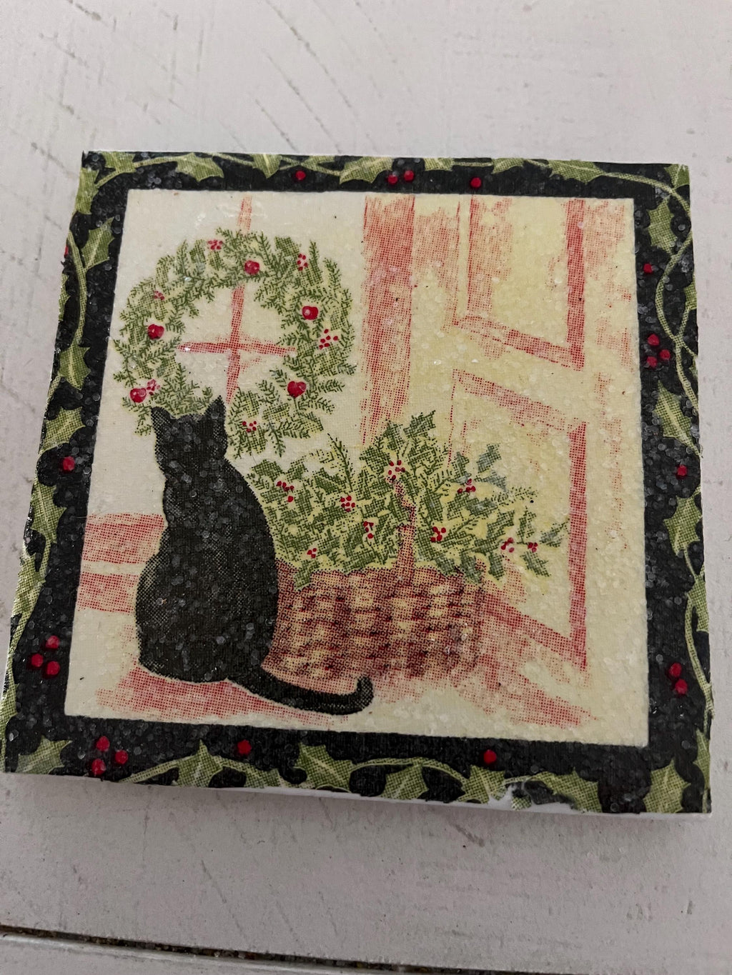 Holiday Cat and Holly Basket Ceramic Tile Coasters (set of 4)