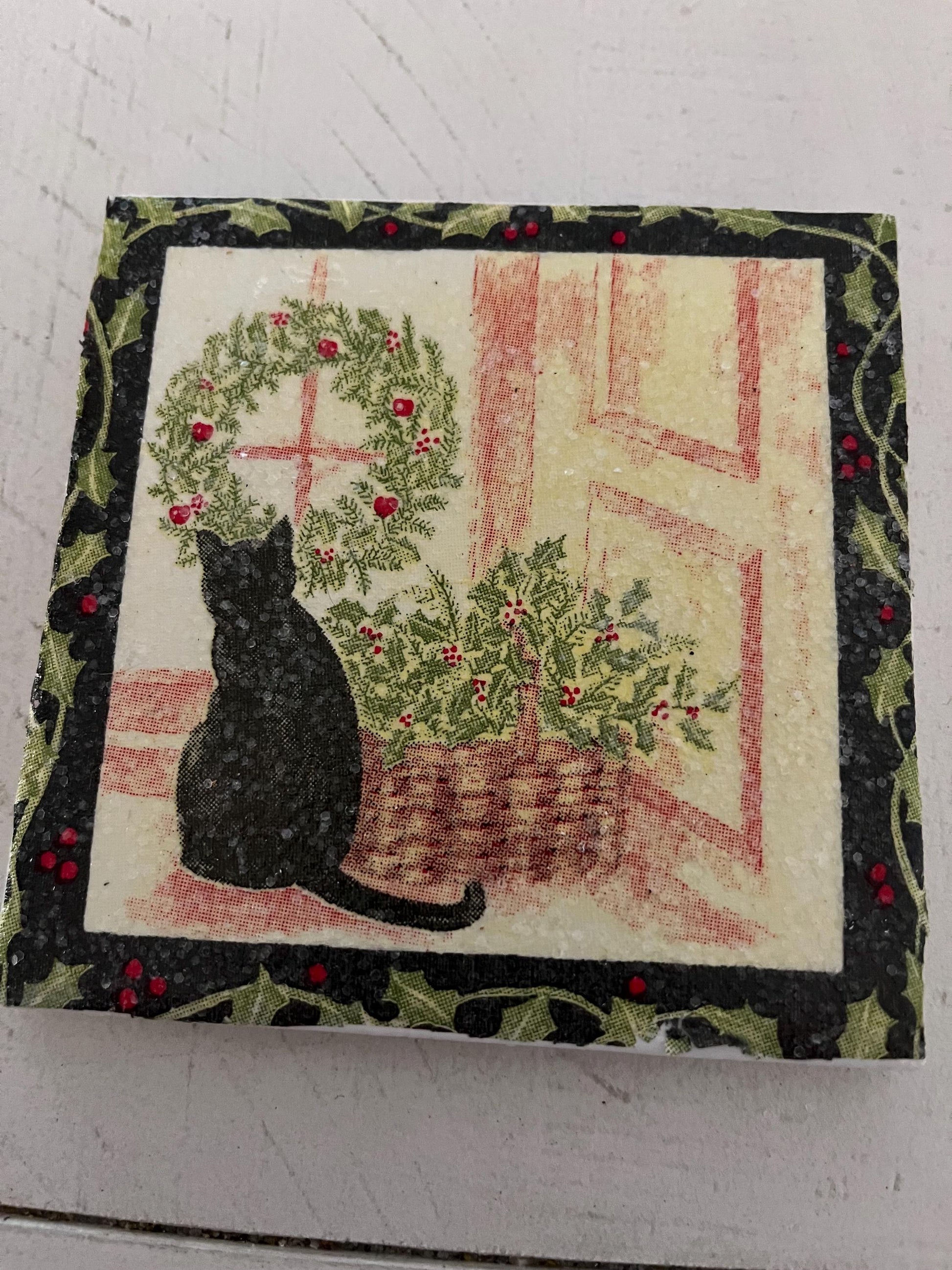 Holiday Cat and Holly Basket Ceramic Tile Coasters (set of 4)