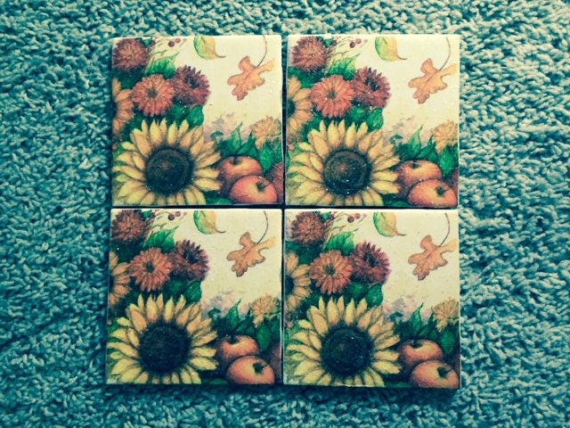 Fall Sunflower, Apple, Mum Bundle Ceramic Tile Coaster Set (set of 4)