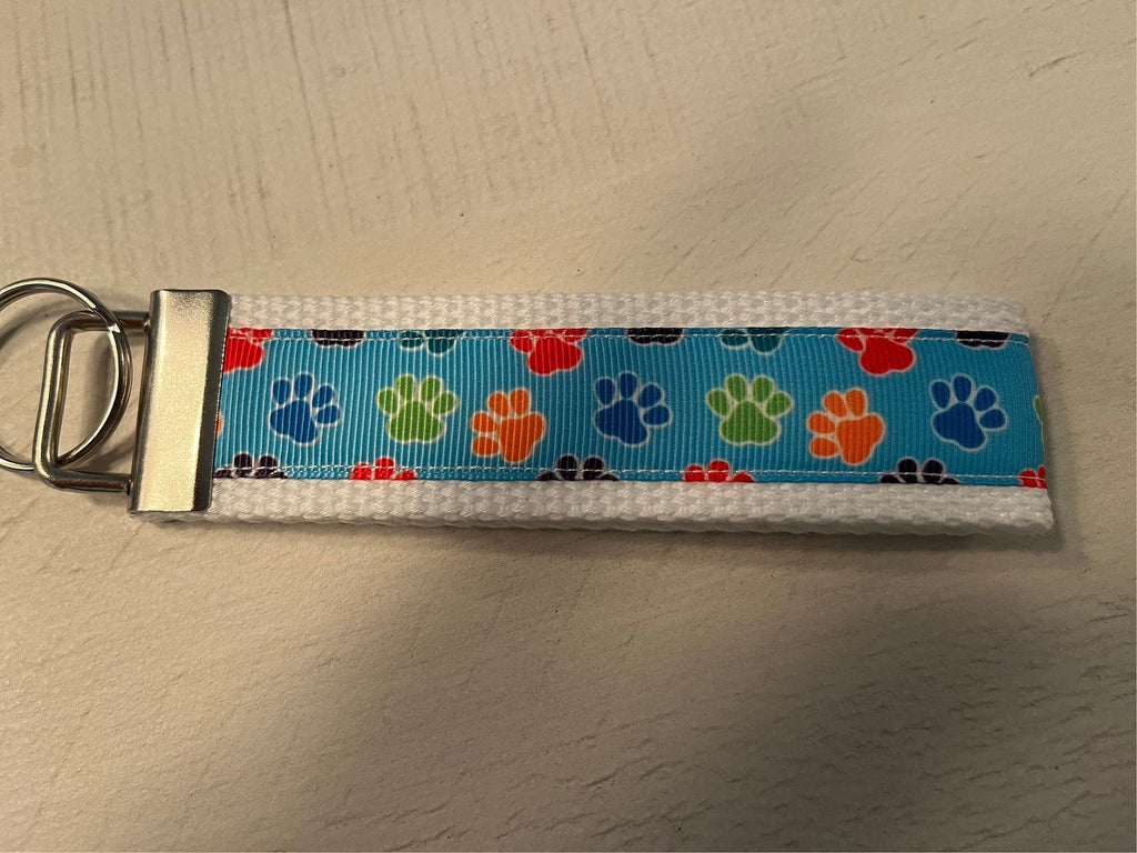 Orange and Blue Paw Print Cotton Webbing Keychain, Keyfob, Wristlet