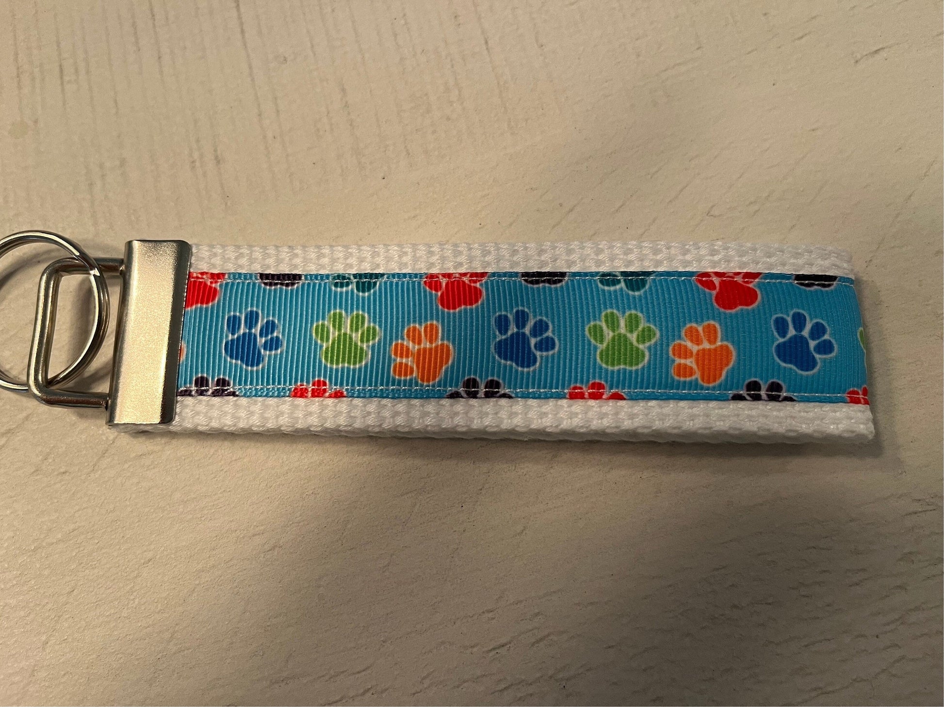Orange and Blue Paw Print Cotton Webbing Keychain, Keyfob, Wristlet