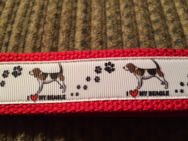 I Love My Beagle Red and White Cotton Webbing Keychain/ Wristlet/ Keyfob