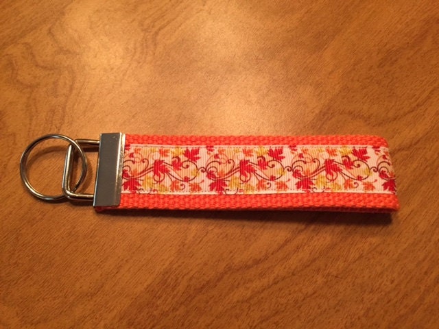 Orange and White Fall Foliage Cotton Webbing Keychain/ Keyfob/ Wristlet