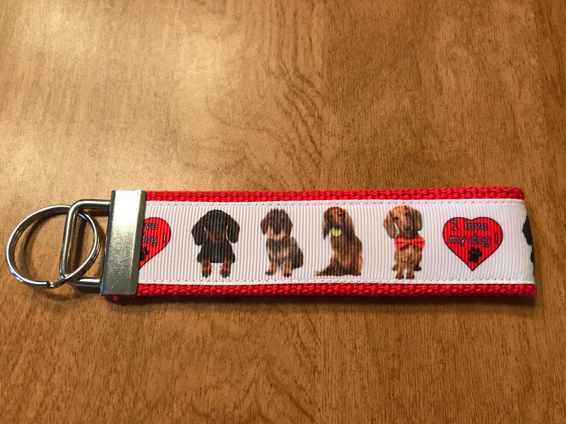 Red and White Cotton Webbing Dachshund Keychain Wristlet Keyfob