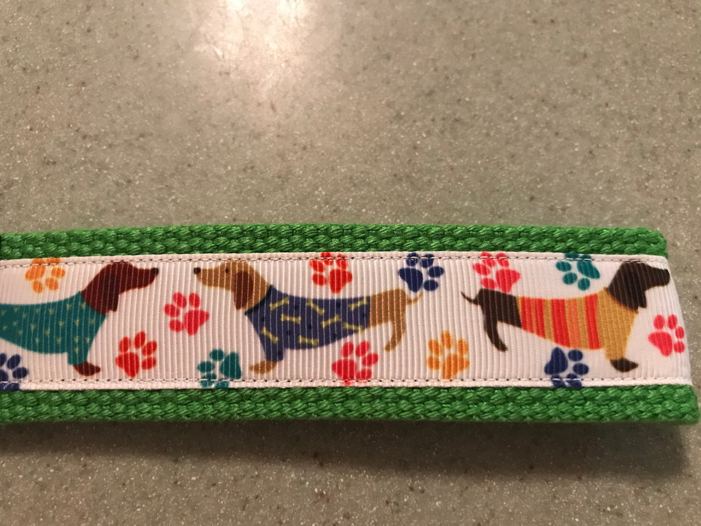 Green and white dachshunds in sweaters cotton webbing keychain/Keyfob/wristlet