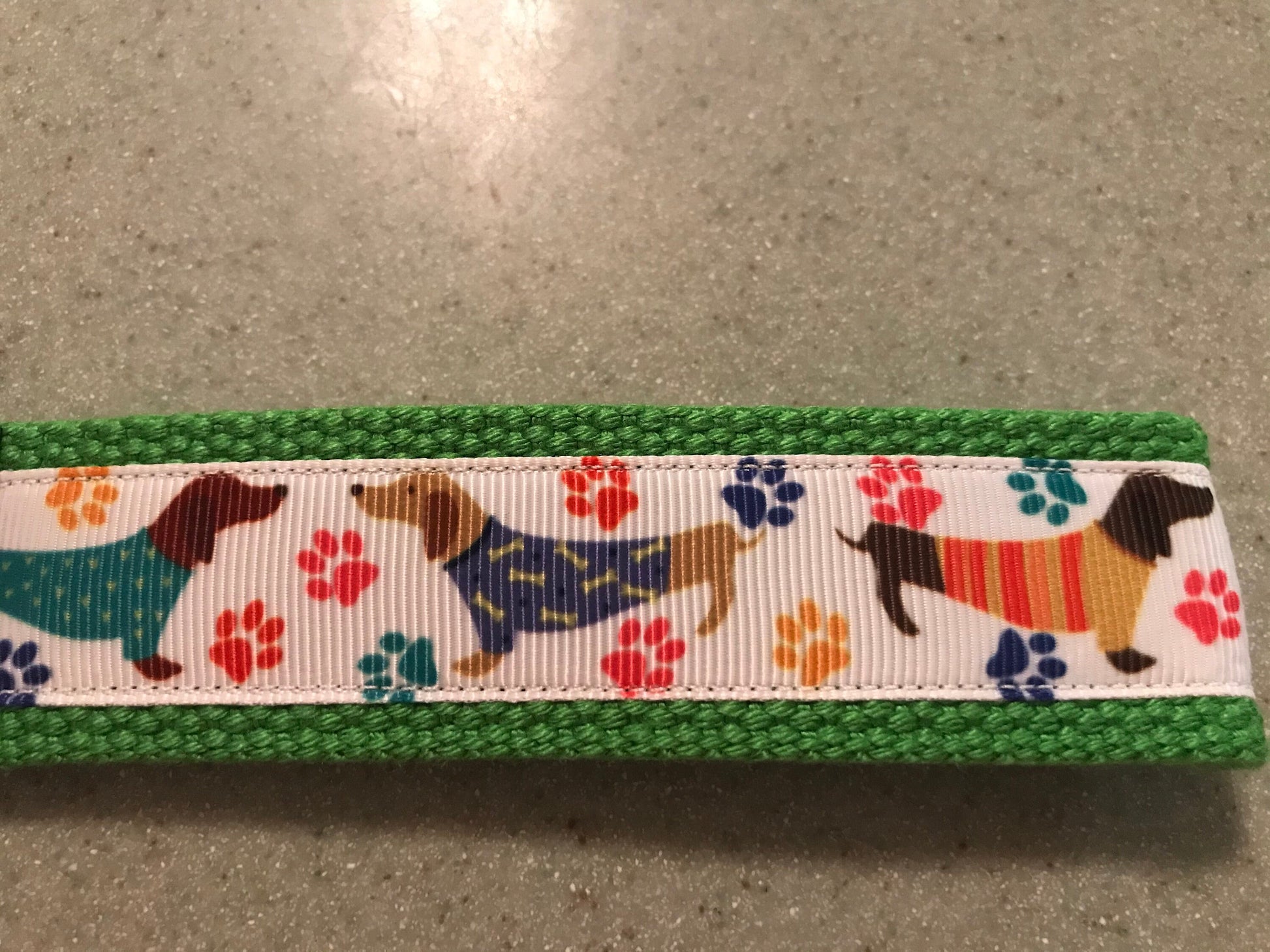 Green and white dachshunds in sweaters cotton webbing keychain/Keyfob/wristlet