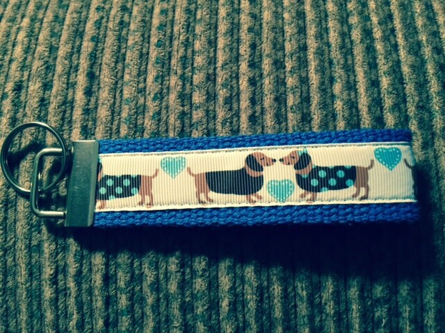 Blue and White Duchshund Love Cotton Webbing Keychain/ Keyfob/ Wristlet