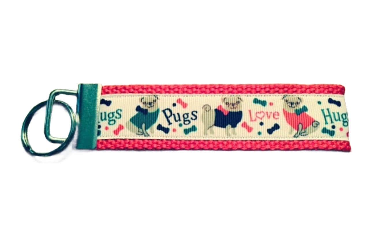 Love, Hugs, Pugs Cotton Webbing Keychain/ Wristlet/ Keyfob
