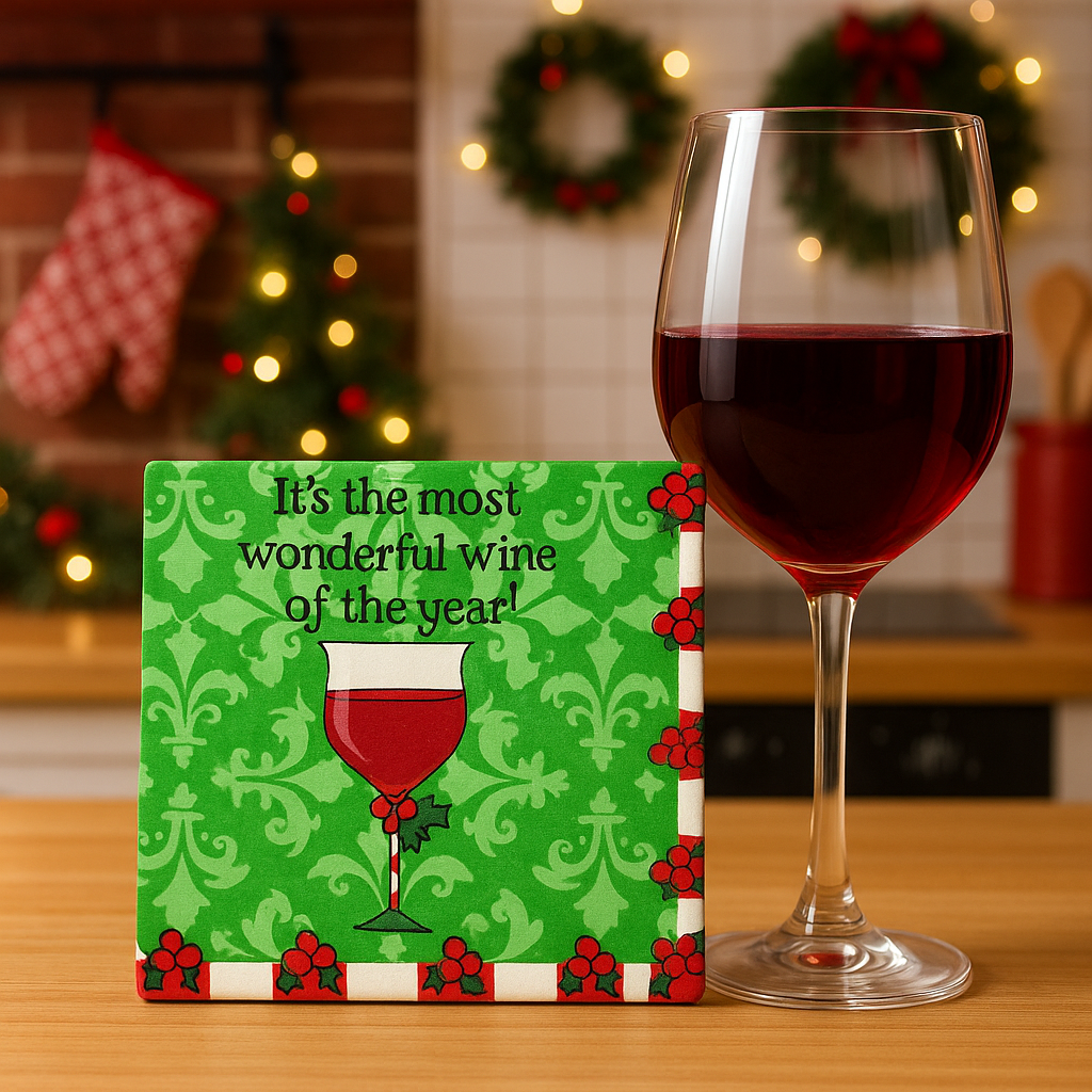 Christmas Wine Coasters – “It’s the Most Wonderful Wine of the Year” – Set of 4 Ceramic Holiday Drink Coasters