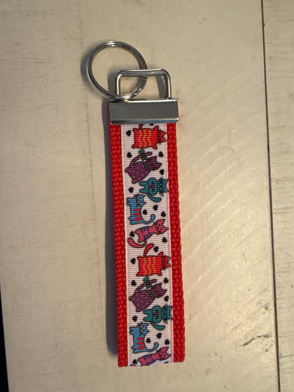Blue and White Cat Lover Cotton Webbing Keychain/ Keyfob/ Wristlet