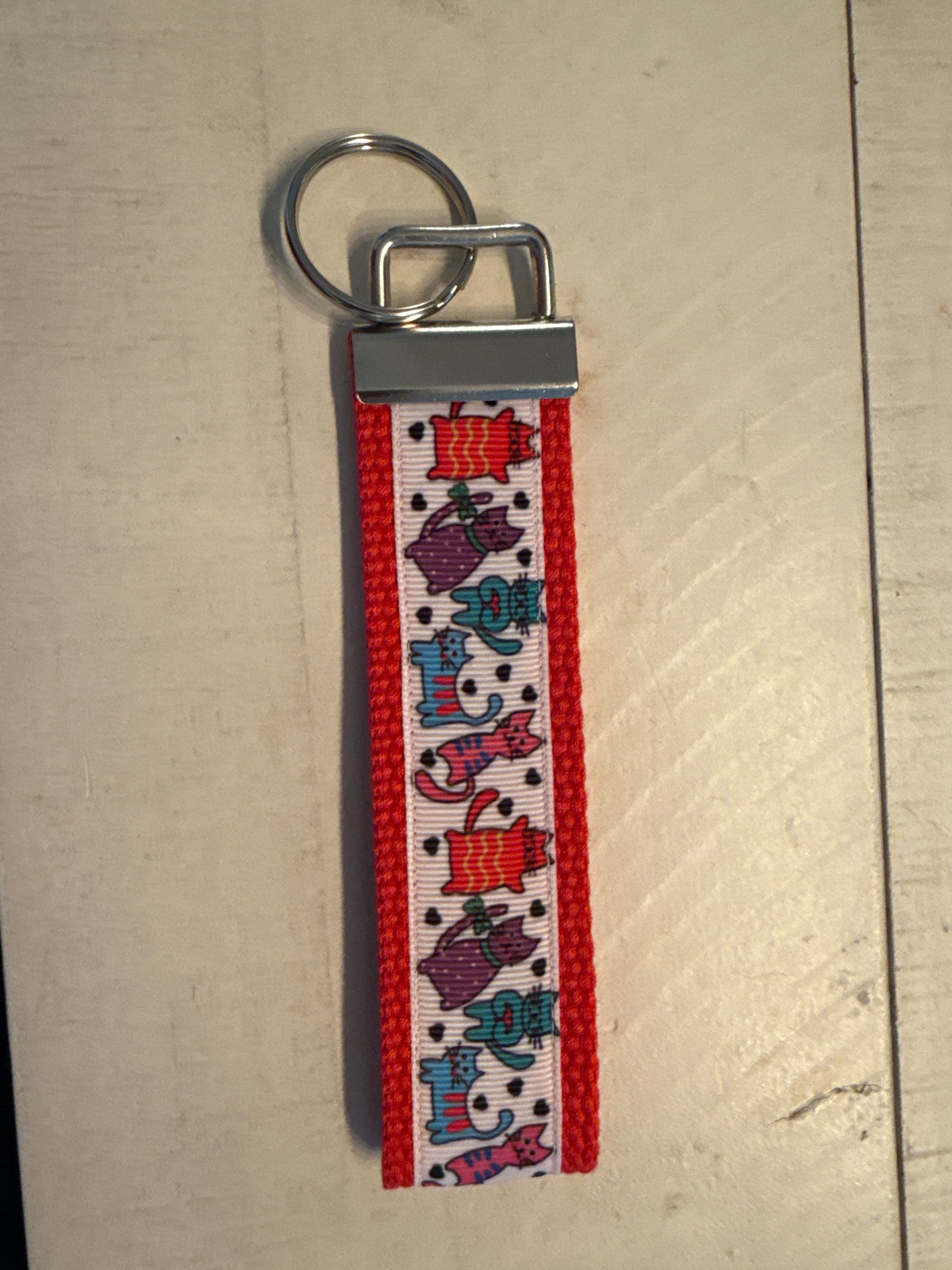 Blue and White Cat Lover Cotton Webbing Keychain/ Keyfob/ Wristlet