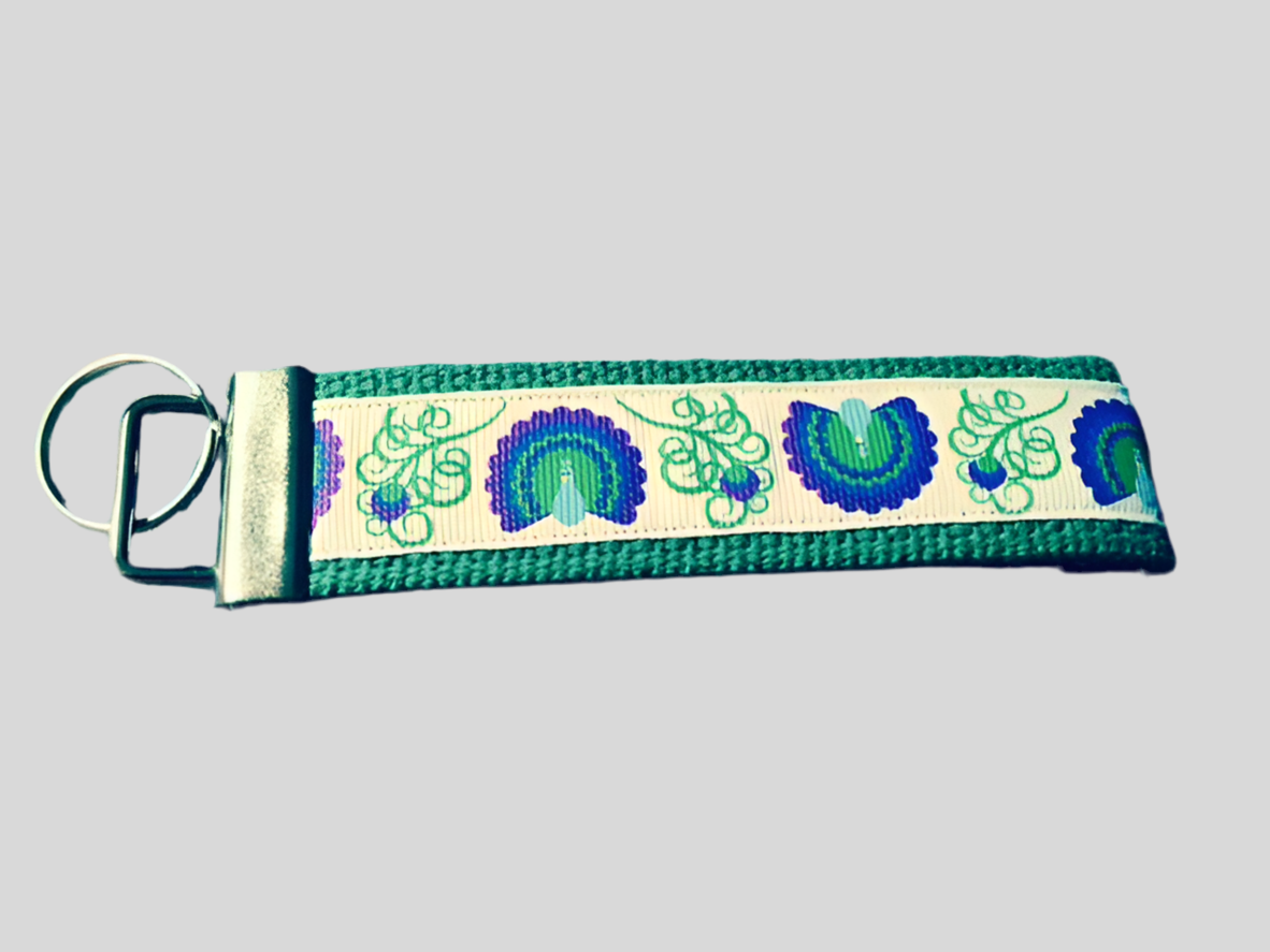 White and Green Peacock Webbing Keychain/ Keyfob/ Wristlet