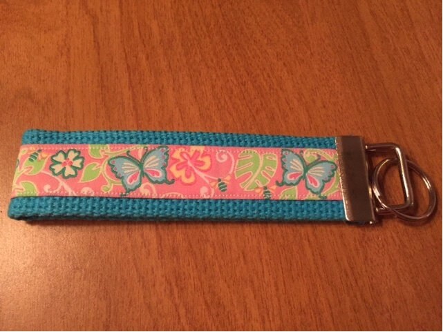 Pink and Blue Tropical Butterfly Cotton Webbing Keychain/ Keyfob/ Wristlet