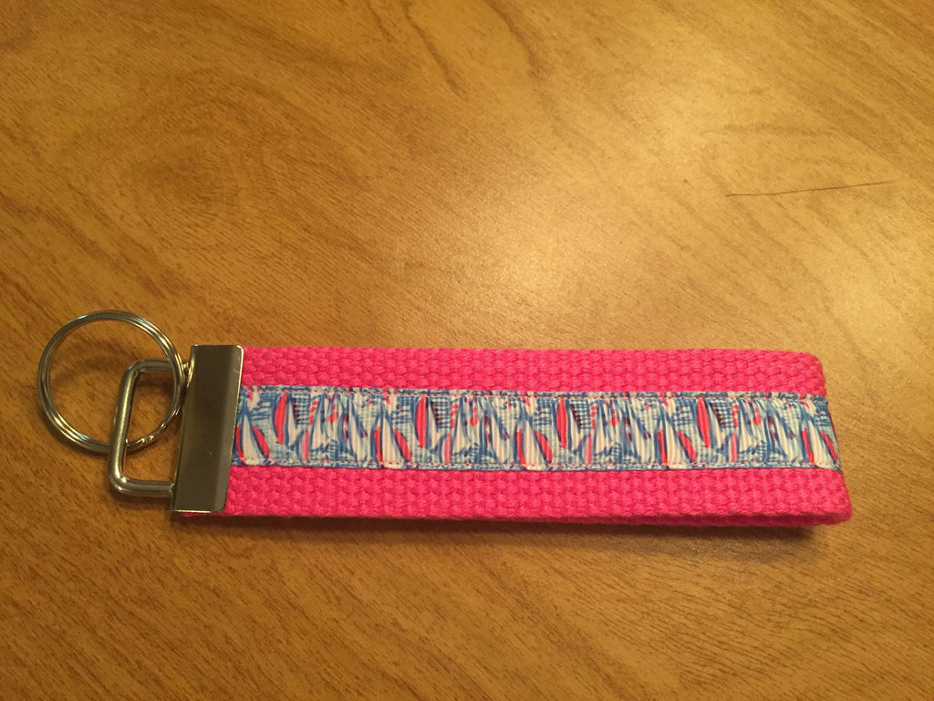 Pink and Blue Sailboat Cotton Webbing Keychain/ Keyfob/Wristlet
