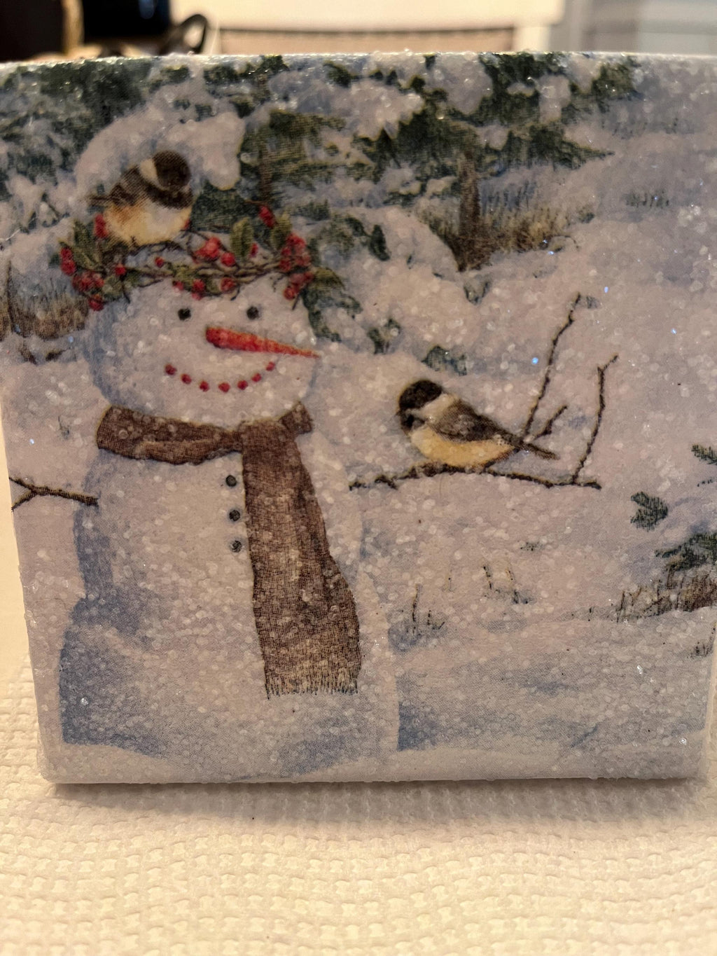 Snowman & Chickadee Winter Coaster Set (4-Pack) – Rustic Christmas Bird Coasters – Holiday Home Décor – Ceramic Tile Coasters