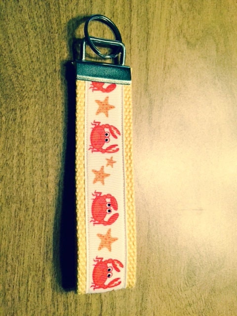 Red Crab and Starfish Yellow and White Cotton Webbing Keychain/ Key fob