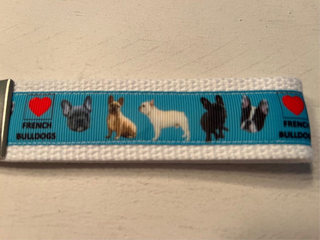 Blue and white Frech Bulldog Cotton Webbing Keychain/ Keyfob/ Wristlet