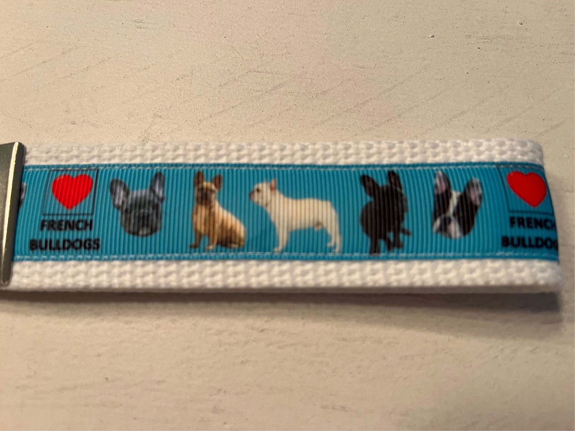 Blue and white Frech Bulldog Cotton Webbing Keychain/ Keyfob/ Wristlet