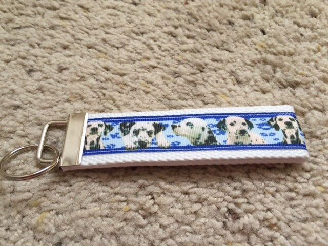White and Blue Dalmation Cotton Webbing Keychain/ Keyfob/ Wristlet