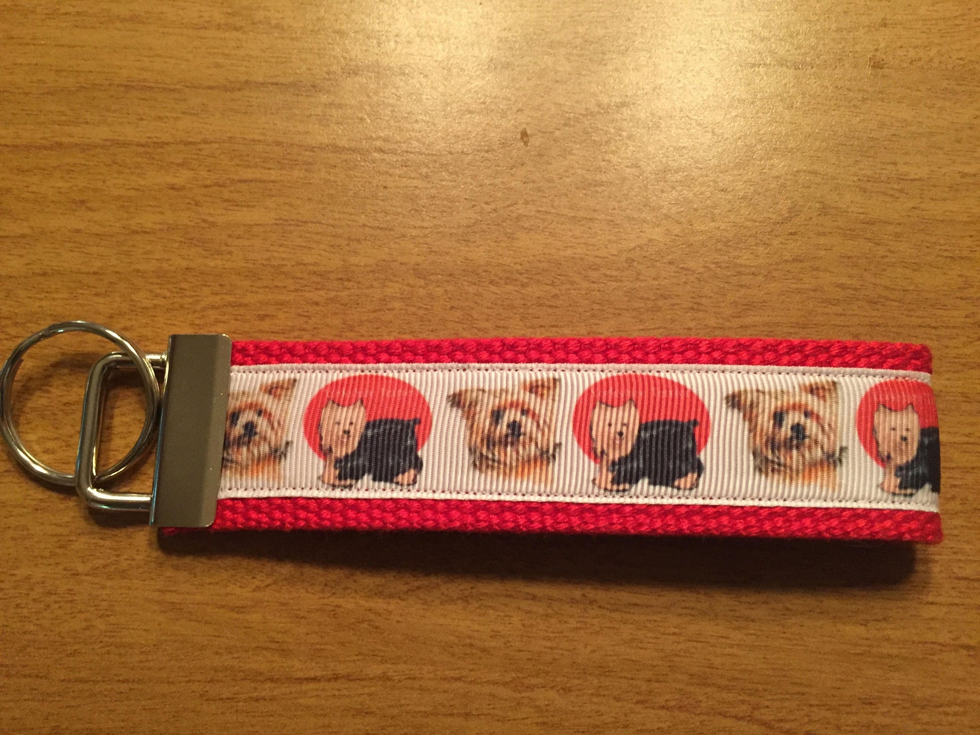 Yorkie Dog Lover Keychain Wristlet – Handmade Fabric Key Fob with Red Webbing