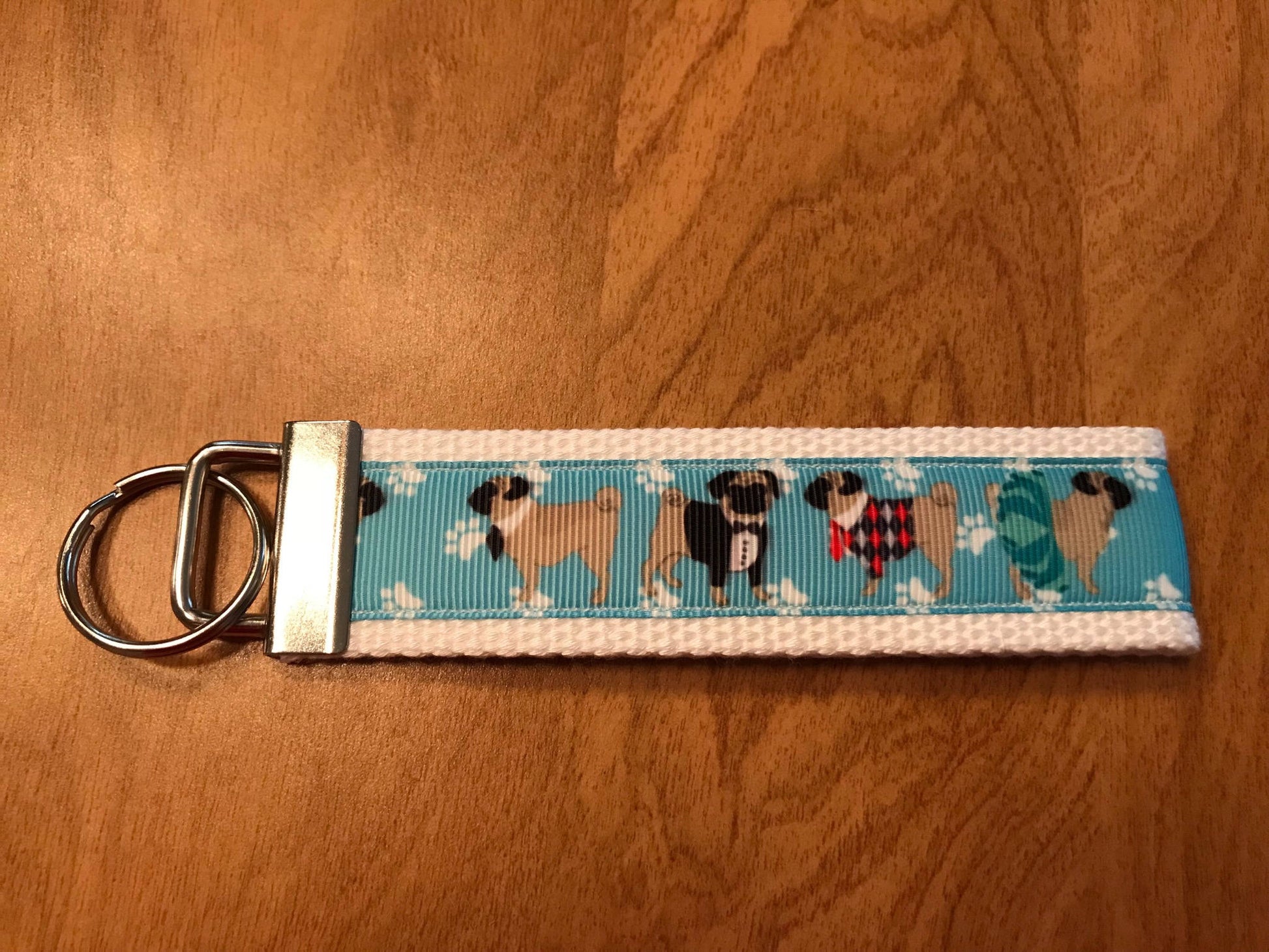 White and Blue Pug Cotton Webbing Keychain/ Keyfob/ Wristlet