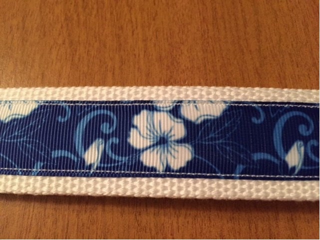 Blue and White Hibiscus Flower Cotton Webbing Keychain/ Keyfob/ Wristlet