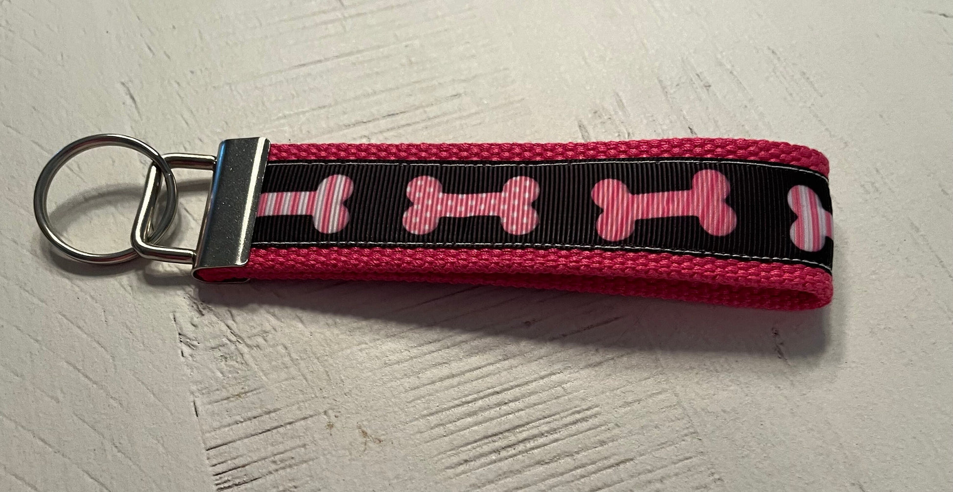 Pink and Black Dog Bones Cotton Webbing Keychain/ Keyfob/ Wristlet