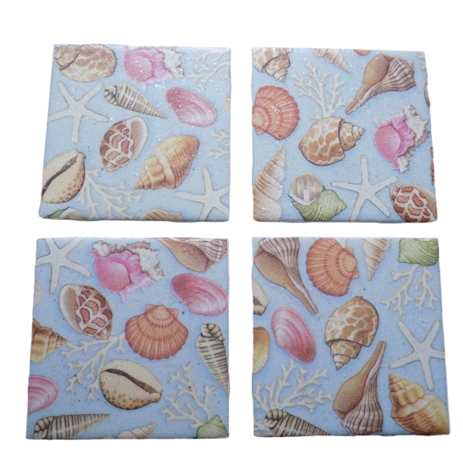 Light Blue Sea Shell Ceramic Tile Coasters (set of 4)