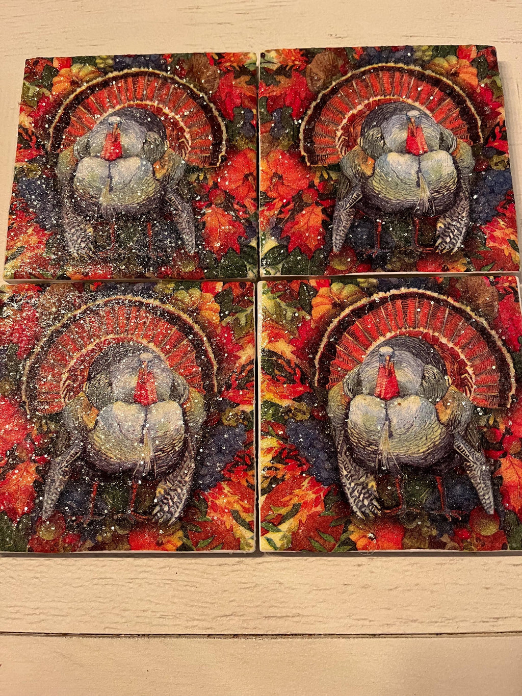 🦃 Thanksgiving Turkey Coaster Set (4) – Handmade, Water-Resistant, Gift-Ready