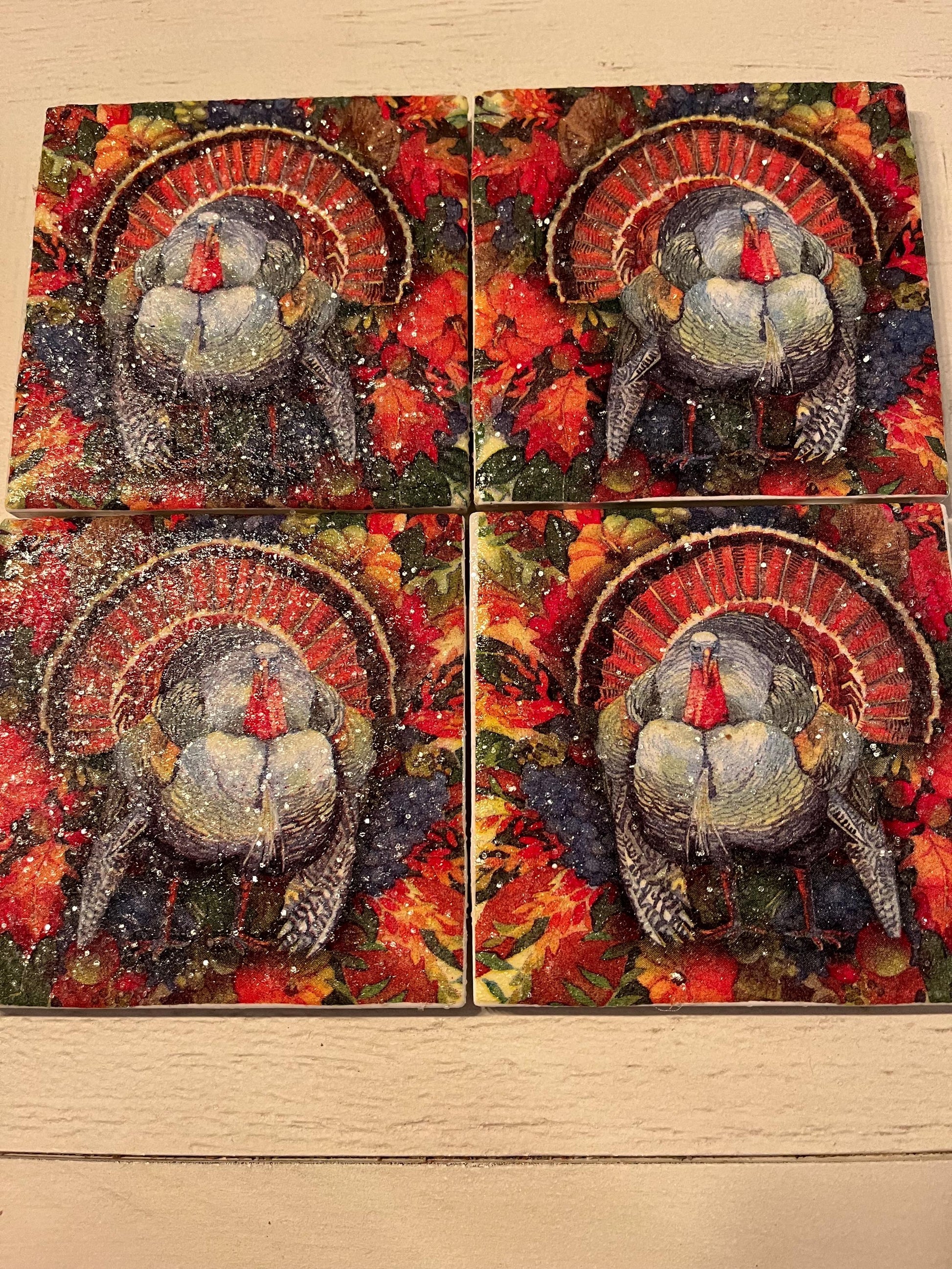 🦃 Thanksgiving Turkey Coaster Set (4) – Handmade, Water-Resistant, Gift-Ready