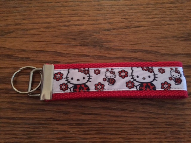 Kitty Red and White Ladybug and Flowers Cotton Webbing Keychain/ Keyfob/ Wristlet