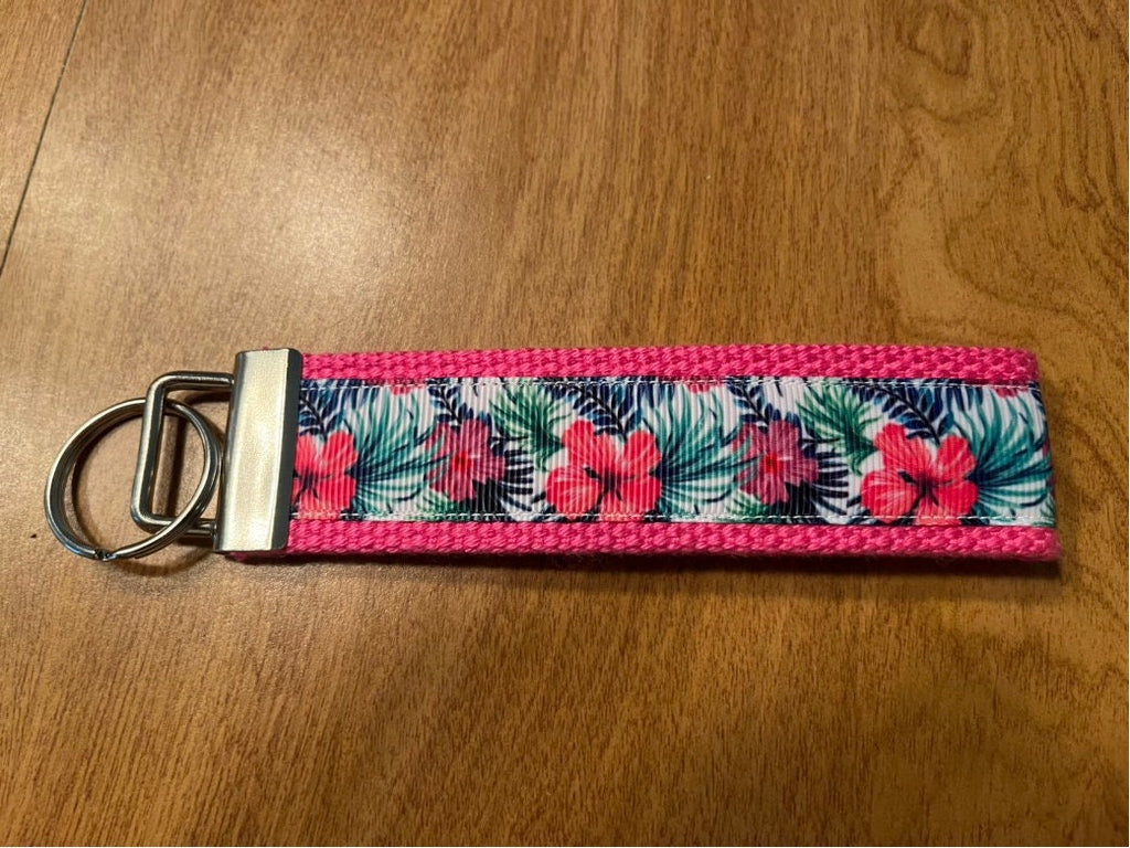Pink Hibiscus Cotton Webbing Keychain, wristlet,keyfob