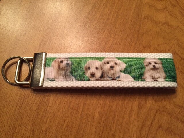 Green and White Bichon Frise Cotton Webbing Keychain/ Keyfob/ Wristlet