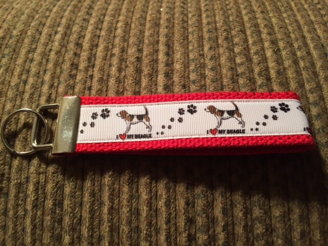 I Love My Beagle Red and White Cotton Webbing Keychain/ Wristlet/ Keyfob