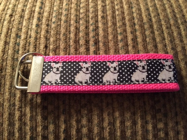 French Bulldog Keychain Wristlet – Cute Dog Lover Gift, Polka Dot Fabric Key Fob