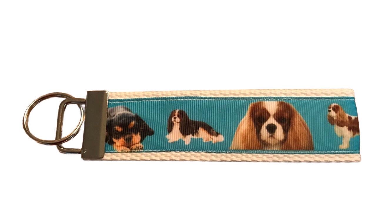 Blue and White Cavalier King Charles Spaniel Cotton Webbing Keychain/ Keyfob/ Wristlet